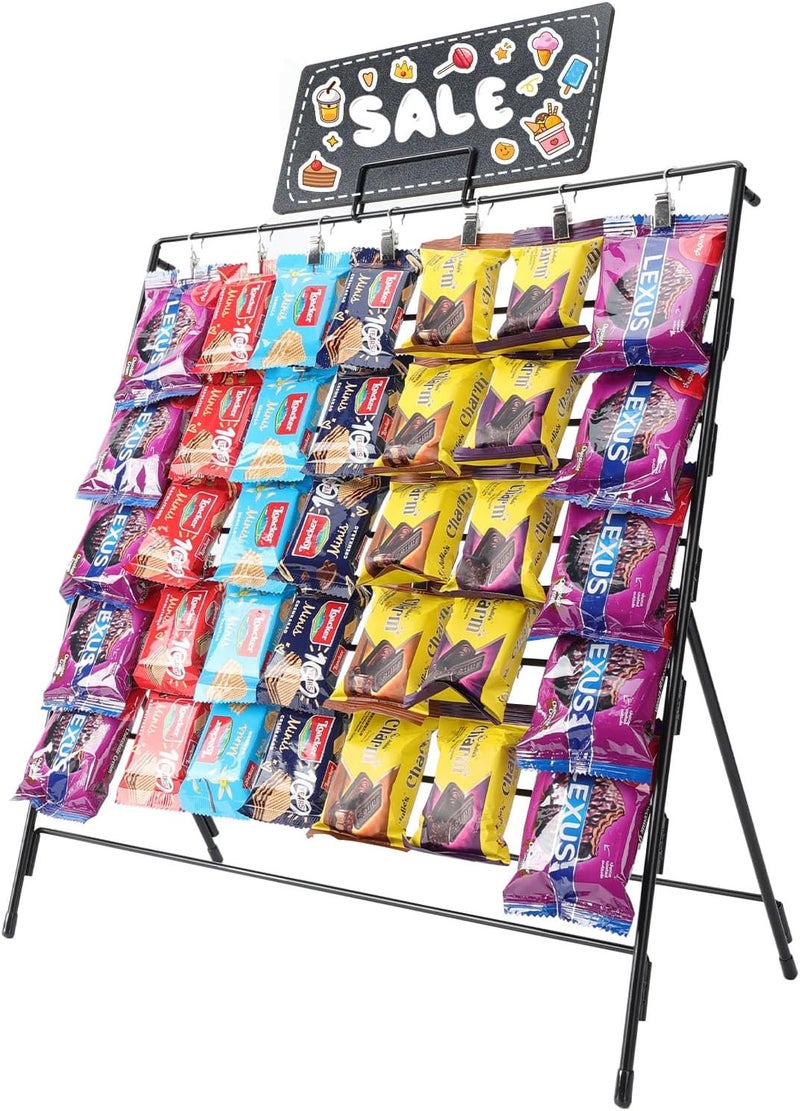 vefix Chip Rack Display Stand with 60 Clips, 7 Rows Snack Retail Display Rack, Chip Bag Holder for Party, Snack Bar Station for Concession Stand, Candy Display - Image 1
